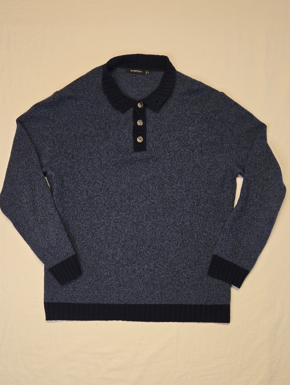 Bugatchi Navy Blue Merino Wool Blend Knit 1/4 Button Down Polo Sweater